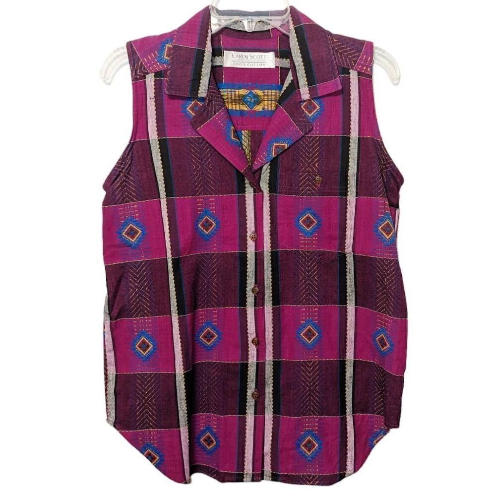 Women's VTG Karen Scott II Multicolor Aztec Tribal Top Size 8 Cotton Button BOHO